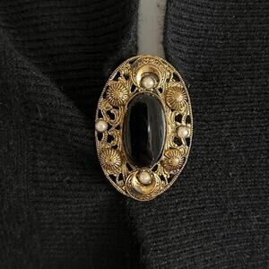 Vintage 50s Gold Filigree Scarf Clip Black Onyx Faux Pearl Crescent Moon